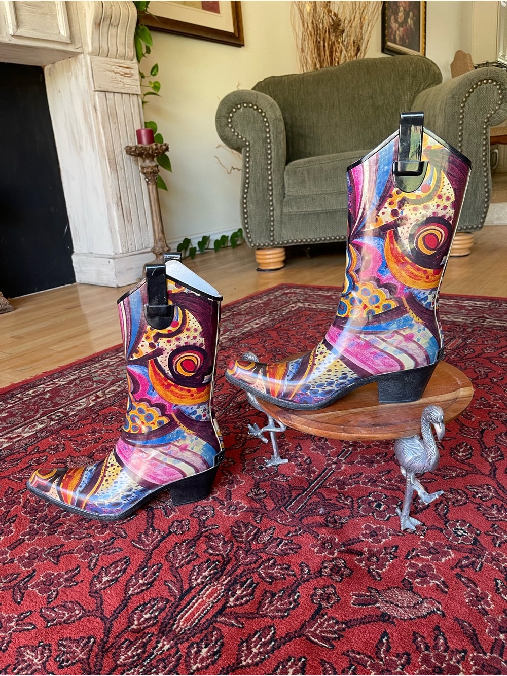 Corkys Multicolor Abstract Waterproof Western Rodeo Rain Boots 2” Heels Sz 8